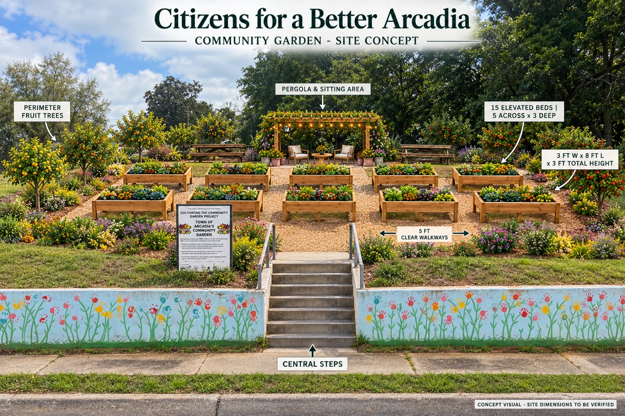 Concept rendering of the proposed community garden: raised beds, a pergola with seating, fruit trees and a central staircase